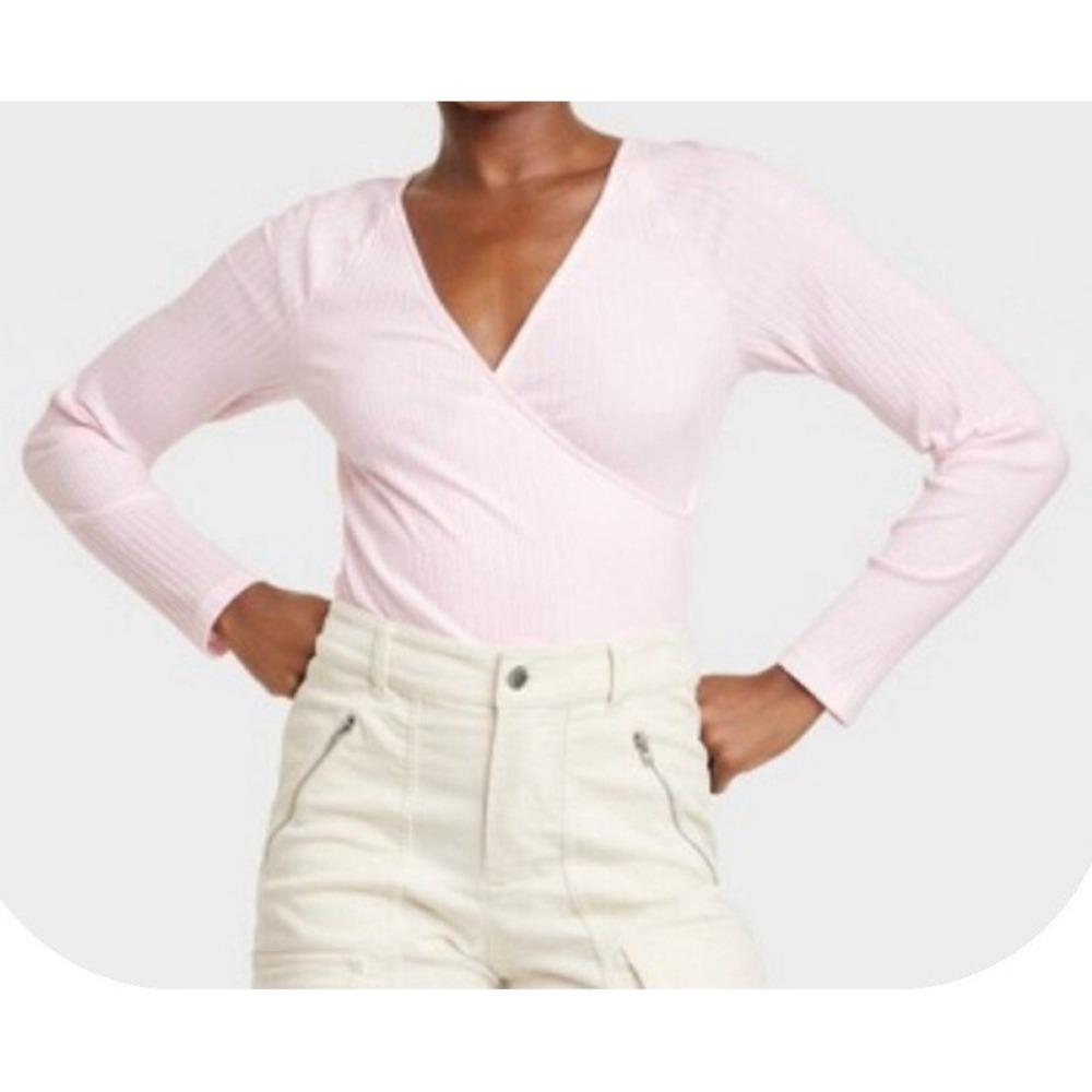 Target Universal Thread Pink Ribbed Wrap Top Shirt Long Sleeve size M New